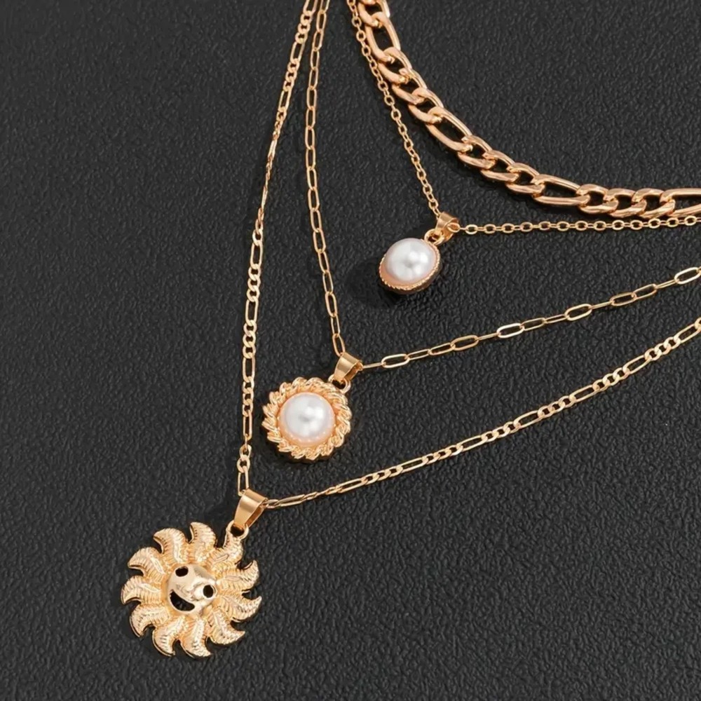 Women's Vintage 2 Piece Gold Sunflower Faux Pearl Charm Layered Necklace Set